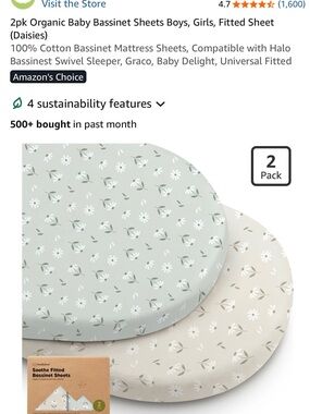 Organic Daisy Bassinet Fitted Sheets - Sage Green & Soft Cream (2-Pack)
